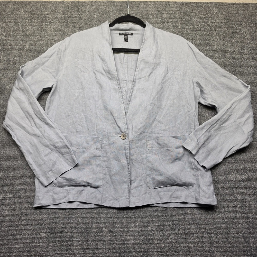 Eileen Fisher Womens XS Light Blue 100% Organic Linen Single Button Jacket Blaze